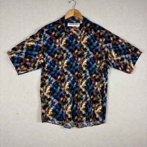 Vtg 90s Jhane Barnes Button Up Mens L Cotton Artsy Short Sleeve Made in Japan